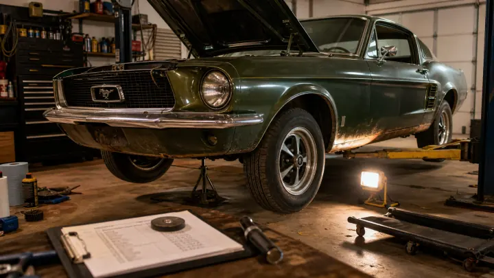 1967 Mustang buyer inspection garage scene showing rust and structure checks