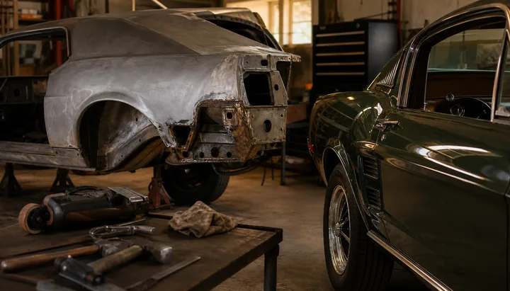 1967 Mustang workbench with staged restoration parts