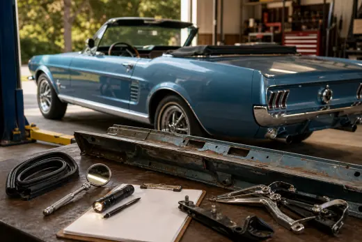 1967 Mustang convertible with structure notes and inspection tools