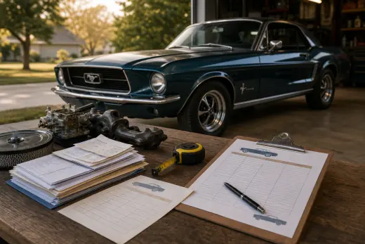 1967 Mustang coupe beside comparison notes and buyer tools