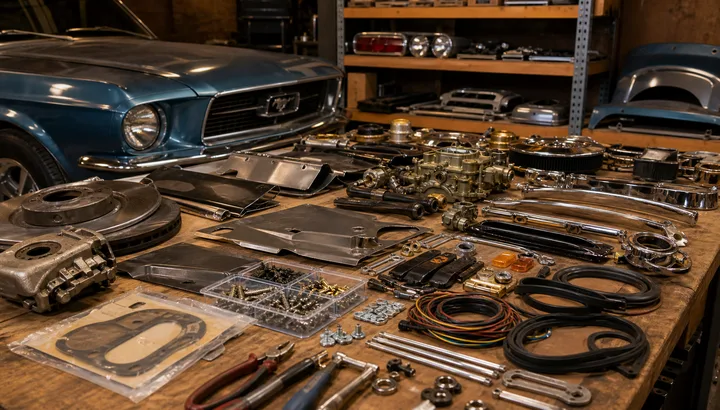 1967 Mustang parts bench with seals, tools, and service manuals