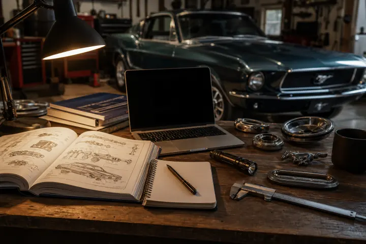 1967 Mustang research desk with manuals tools and a classic Mustang in the background